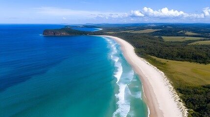 Aerial view of a pristine, curving beach meeting turquoise ocean, backed by lush green fields and dramatic headland under a vibrant blue sky.