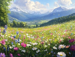 Obraz premium Spring meadow filled with wildflowers, celebrating the renewal of the season