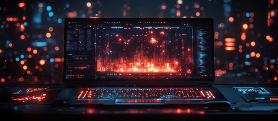 Obraz premium A close-up shot of a black laptop with a glowing orange and red screen displaying a futuristic cityscape with bokeh lights in the background.