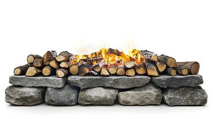 Cozy stone hearth with stacked firewood and glowing embers against white background