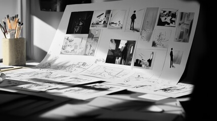 Storyboard sketches laid out for a film or animation project