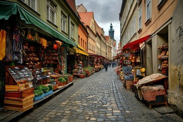 Fototapeta premium Street market in an old European city, lined with colorful stalls and cobblestone pathways
