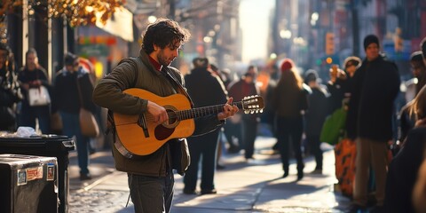 Fototapeta premium Street musician performing on a lively urban street, with people watching