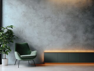 Minimalist Living Room with Olive Green Accent Chair Gray Textured Wall Soft Ambient Lighting