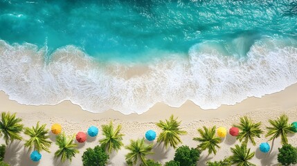 Obraz premium Aerial view of a tropical beach with turquoise water, white sand, palm trees, and colorful umbrellas.