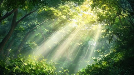 Obraz premium A serene forest scene with sunlight filtering through the trees.