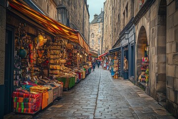 Naklejka premium Street market in an old European city, lined with colorful stalls and cobblestone pathways