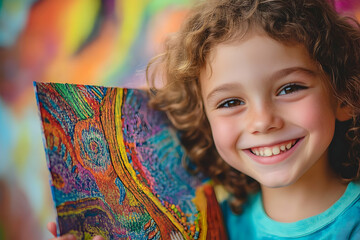 Child shows joy presenting colorful art in a vibrant, creative space