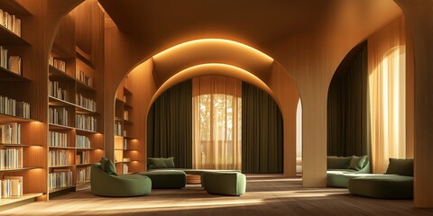 Study area in a public library with comfortable seating and good lighting