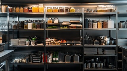 Obraz premium Organized Kitchen Supplies on Metal Shelving