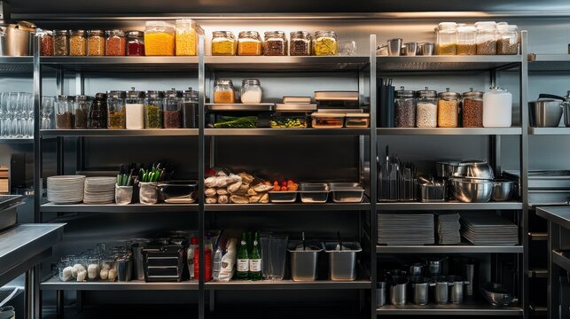 Organized Kitchen Supplies on Metal Shelving