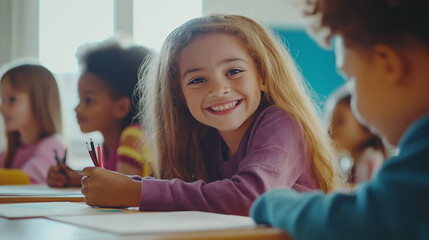 Smiling girl holding pencil during classroom activity