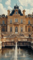 Fototapeta premium Symmetrical palace facade with fountains in front, royal and grand