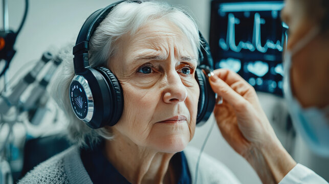 Senior woman undergoing hearing test with headphones in clinic, focused