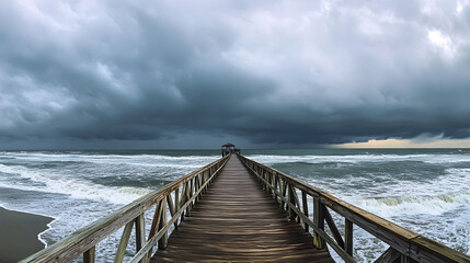 Fototapeta premium A long low wooden pier on the ocean, dramatic gray storm clouds from a storm in the distance, waves crash into the narrow wood dock - panoramic
