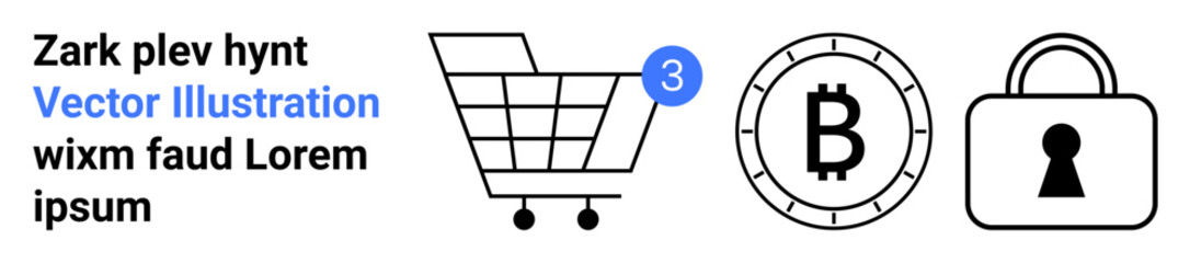 Shopping cart with item count, cryptocurrency symbol, and security padlock in a sleek design. Ideal for e-commerce, digital transactions, online shopping, cybersecurity, crypto payments, user