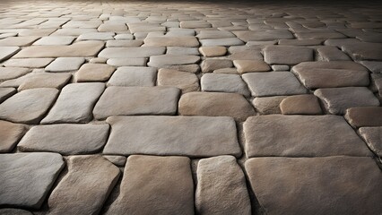 Irregular stone pavement texture, various shades of beige and brown, perspective view.