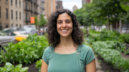 Urban gardener smiling in green space, showcasing eco conscious living. vibrant urban garden reflects commitment to sustainability and community engagement.