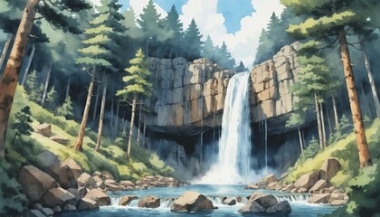 Watercolor hand drawing pine forest water fall river illustration
