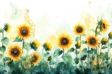 A watercolor painting of a field of sunflowers in bloom.