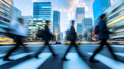 Obraz premium Blurred motion of businesspeople crossing a city street at dusk.