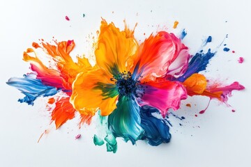 A vibrant, abstract flower made of colorful paint splatters on a white background.