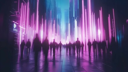 Blurry silhouettes of people walking down a futuristic city street at night, illuminated by vibrant neon pink and blue lights.