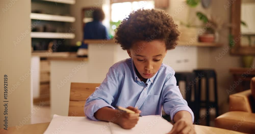 Poster Education, thinking and writing with black child in living room of home for homework or learning. Assignment, notebook and problem solving with boy student in apartment for development or study