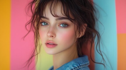 Vibrant portrait of happy young black woman taking selfie in denim jacket against colorful striped graffiti wall