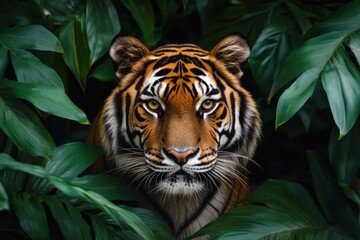Fototapeta premium A majestic tiger with striking orange and black stripes peeks out from behind lush green foliage.