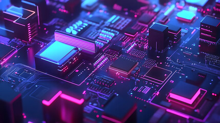 Abstract Circuit Board Design with Neon Lights