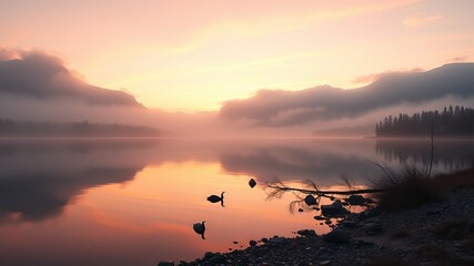 Naklejka premium Misty Mountain Lake Sunrise - Foggy Morning Landscape