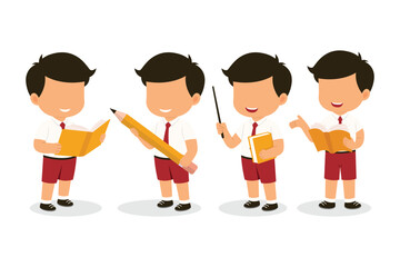 Fototapeta premium Cute Indonesian Elementary School Boys Kids group set in various gesture wearing Red and White Uniform Cartoon Vector Illustration
