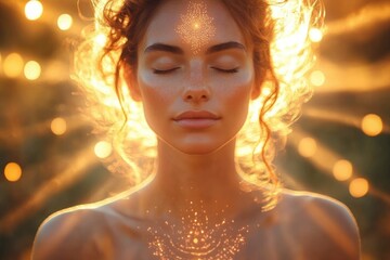 Woman Meditating in Nature Achieving Mindfulness and Spiritual Awareness Surrounded by Light and Harmony