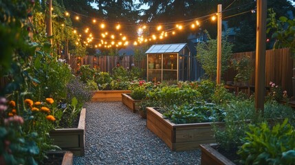 Obraz premium Serene evening in a backyard garden with raised beds, string lights, and a greenhouse.