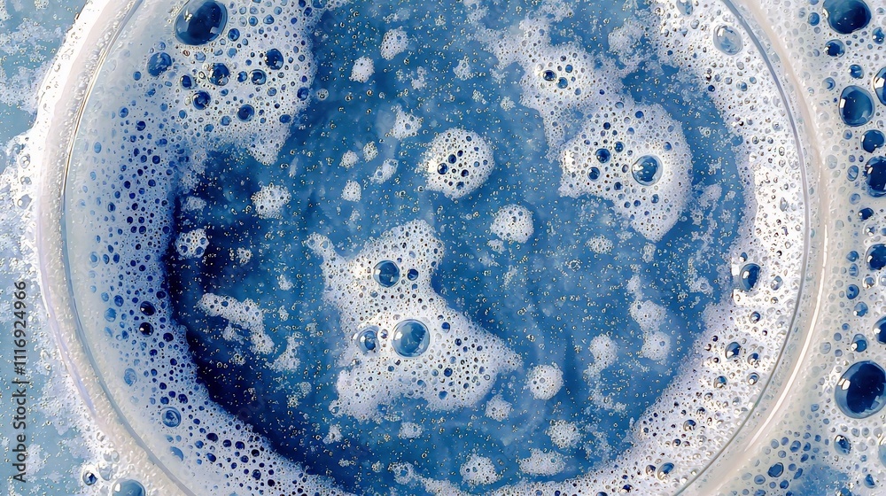 Poster close-up view of foam and bubbles in blue water creating an abstract and colorful background