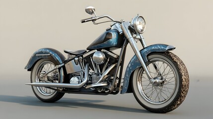 Obraz premium Classic blue chopper motorcycle with chrome details, isolated on grey background.