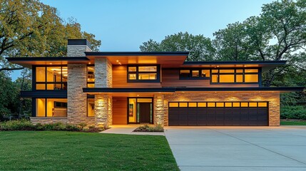 Modern residential house exterior with large windows, stone facade, and illuminated interior in serene evening setting