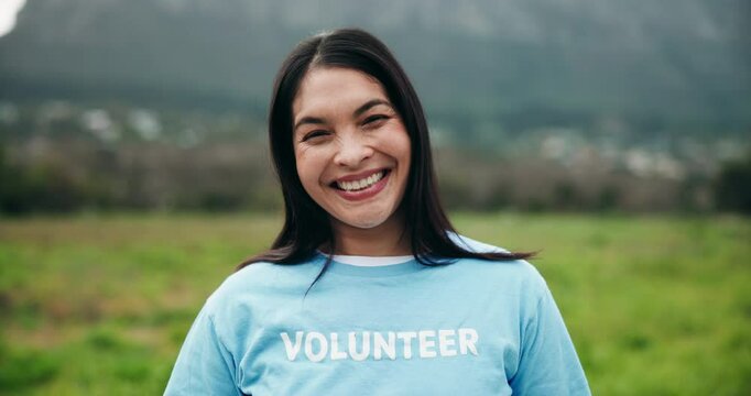 Woman, face and volunteer in nature with smile, pride and ready for outreach program. Girl, happy and outdoor in Colombia for charity work, environment care and social responsibility for NGO support