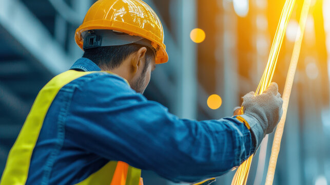 A construction worker in a hard hat and safety vest is handling fiber optic cables.