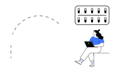 Woman using a laptop, cloud storage icon, dotted line connection. Ideal for remote work, cloud computing, data transfer, online security, tech innovation, digital communication, productivity. Line