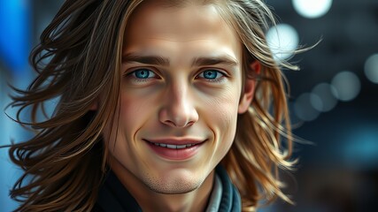 Fototapeta premium Smiling Young Man with Long Hair and Blue Eyes - Closeup Portrait, High Quality AI Photo, Bright Lighting