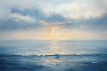 Fototapeta premium Serene Seascape Painting Impressionistic Style Soft Pastel Colors Sky Water Reflection