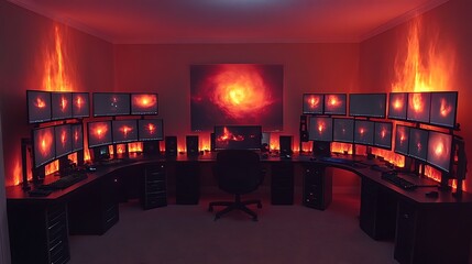A home office setup with a large desk, monitor, and inspirational artwork
