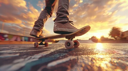 Skateboarding at sunset urban skatepark action photography vibrant environment wormseye view perspective for impactful storytelling