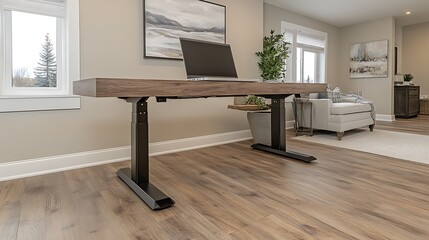 A home office with a standing desk, laptop, and inspirational wall art