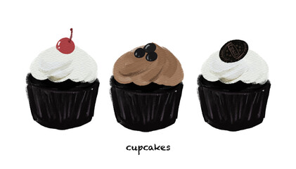 Hand drawn illustration of assorted cupcakes