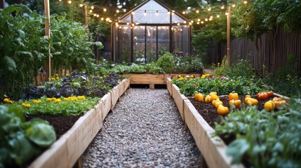 Obraz premium Serene evening garden with raised beds, greenhouse, and string lights.