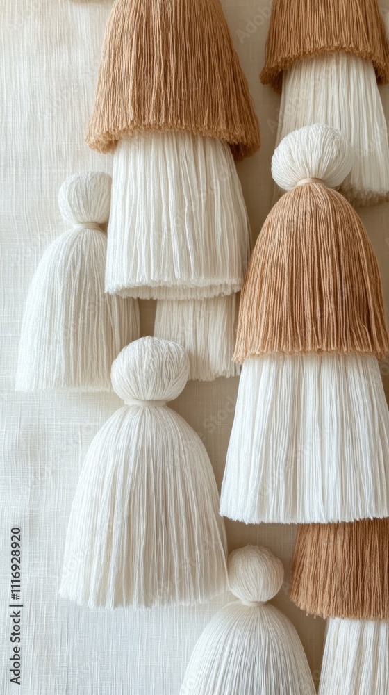 Poster soft strands of white and brown create a captivating display of tassels hung on a textured wall, mer
