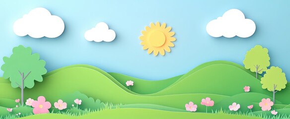 Idyllic Paper Craft Landscape With Sun And Flowers